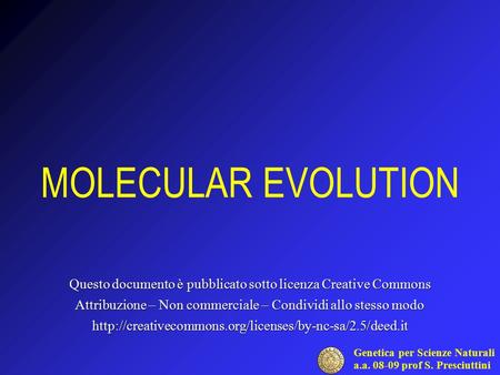 Genetica per Scienze Naturali a.a. 08-09 prof S. Presciuttini MOLECULAR EVOLUTION Questo documento è pubblicato sotto licenza Creative Commons Attribuzione.