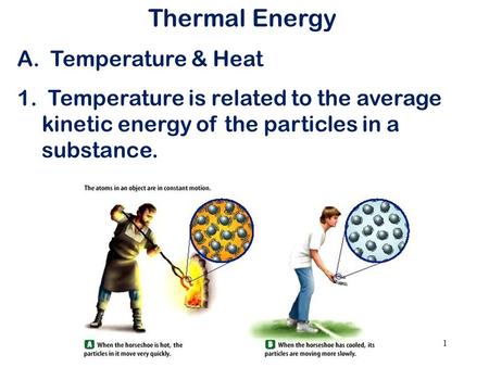 Thermal Energy A. Temperature & Heat 1. Temperature is related to the average kinetic energy of the particles in a substance. 1.