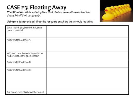 CASE #3: Floating Away The Situation: While entering New York Harbor, several boxes of rubber ducks fell off their cargo ship. Using the data provided,