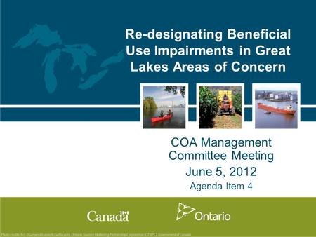 Re-designating Beneficial Use Impairments in Great Lakes Areas of Concern COA Management Committee Meeting June 5, 2012 Agenda Item 4.