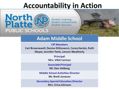 Accountability in Action Adam Middle School CIP Members Cari Brownawell, Denise DiGiovanni, Carey Harder, Ruth Meyer, Jennifer Teets, Lenore Weatherly.