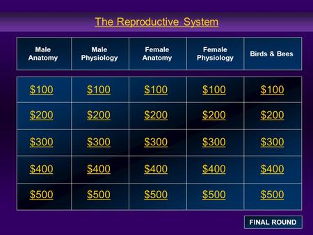 The Reproductive System $100 $200 $300 $400 $500 $100$100$100 $200 $300 $400 $500 Male Anatomy Male Physiology Female Anatomy Female Physiology Birds &