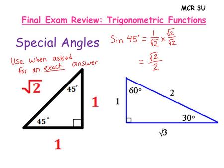 MCR 3U Final Exam Review: Trigonometric Functions Special Angles.