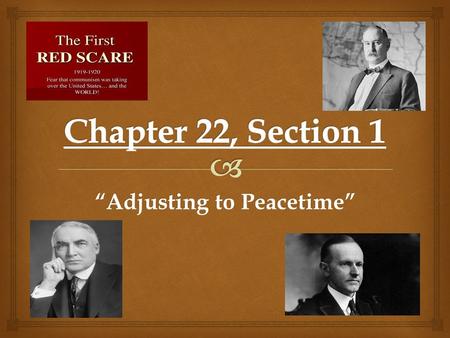 “Adjusting to Peacetime”.   Warren Harding- (pg. 737)  Calvin Coolidge- (pg. 737)  Disarmament- (pg. 738)  Communism- (pg. 738)  Anarchist- (pg.