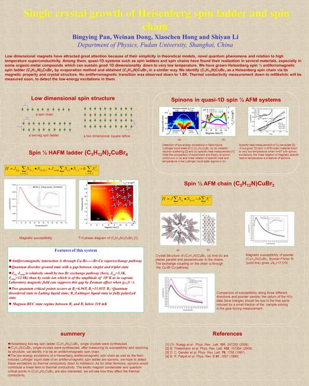 Single crystal growth of Heisenberg spin ladder and spin chain Single crystal growth of Heisenberg spin ladder and spin chain Bingying Pan, Weinan Dong,