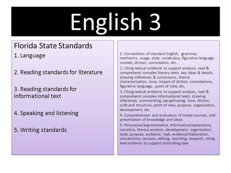 English 3 Florida State Standards 1. Language 2. Reading standards for literature 3. Reading standards for informational text 4. Speaking and listening.