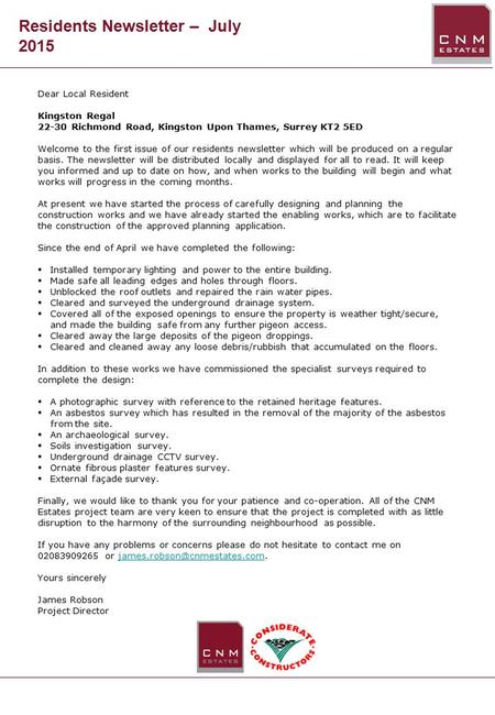 Dear Local Resident Kingston Regal 22-30 Richmond Road, Kingston Upon Thames, Surrey KT2 5ED Welcome to the first issue of our residents newsletter which.