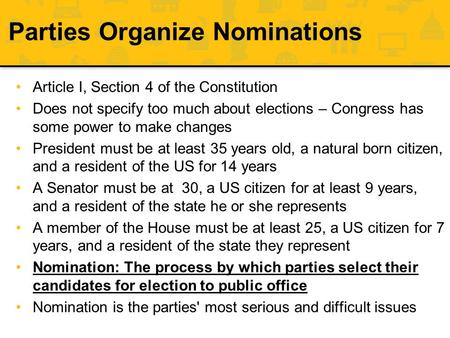 Parties Organize Nominations Article I, Section 4 of the Constitution Does not specify too much about elections – Congress has some power to make changes.