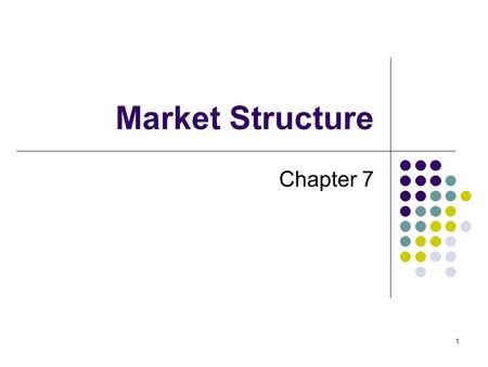 1 Market Structure Chapter 7. 2 Competitive Markets Forces of supply/demand promote competition 2 basic types of competitive markets: Perfect Monopolistic.