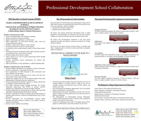 Professional Development School Collaboration PDS Benefits to School Systems (MSDE) MARYLAND PROFESSIONAL DEVELOPMENT SCHOOLS School Systems and Institutions.