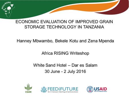 ECONOMIC EVALUATION OF IMPROVED GRAIN STORAGE TECHNOLOGY IN TANZANIA Hanney Mbwambo, Bekele Kotu and Zena Mpenda Africa RISING Writeshop White Sand Hotel.