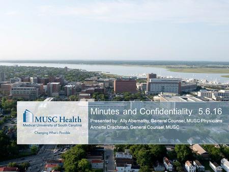 Minutes and Confidentiality5.6.16 Presented by: Ally Abernathy, General Counsel, MUSC Physicians Annette Drachman, General Counsel, MUSC.