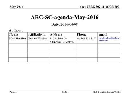 May 2016 Agenda doc.: IEEE 802.11-16/0518r0 Mark Hamilton, Ruckus WirelessSlide 1 ARC-SC-agenda-May-2016 Date: 2016-04-08 Authors: