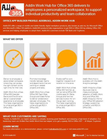 AddIn Work Hub for Office 365 delivers to employees a personalized workspace, to support individual productivity and team collaboration OFFICE APP BUILDER.