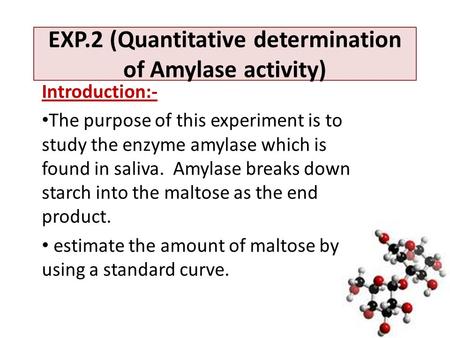 EXP.2 (Quantitative determination of Amylase activity) Introduction:- The purpose of this experiment is to study the enzyme amylase which is found in saliva.