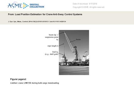 Date of download: 9/17/2016 Copyright © ASME. All rights reserved. From: Load Position Estimation for Crane Anti-Sway Control Systems J. Dyn. Sys., Meas.,