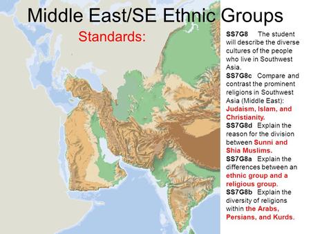 Middle East/SE Ethnic Groups Standards: SS7G8 The student will describe the diverse cultures of the people who live in Southwest Asia. SS7G8c Compare and.