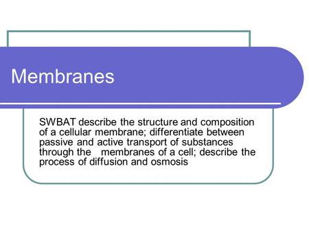 Membranes SWBAT describe the structure and composition of a cellular membrane; differentiate between passive and active transport of substances through.