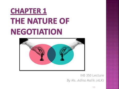 INB 350 Lecture By Ms. Adina Malik (ALK) 1-1.  What is negotiation? How is it different from Bargaining?  What are the characteristics of negotiation?