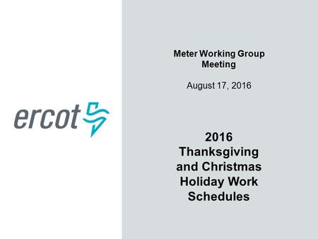 Meter Working Group Meeting August 17, 2016 2016 Thanksgiving and Christmas Holiday Work Schedules.