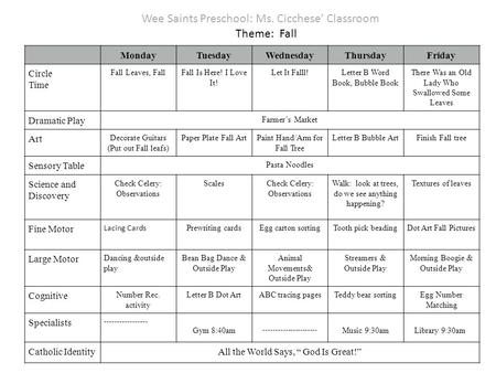 Wee Saints Preschool: Ms. Cicchese’ Classroom Theme: Fall MondayTuesdayWednesdayThursdayFriday Circle Time Fall Leaves, FallFall Is Here! I Love It! Let.