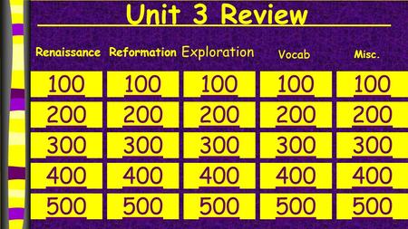 Unit 3 Review RenaissanceReformation Exploration 100 200 300 400 500 100 200 300 400 500 100 200 300 400 500 100 200 300 400 500 100 200 300 400 500 Misc.