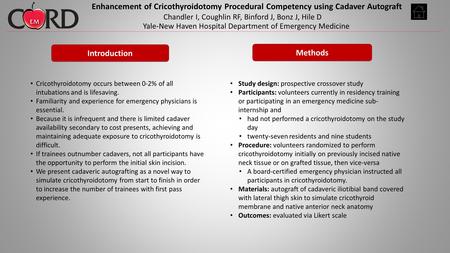 Methods Introduction Cricothyroidotomy occurs between 0-2% of all intubations and is lifesaving. Familiarity and experience for emergency physicians is.