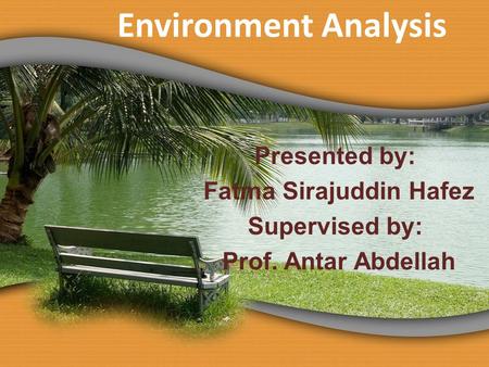 Environment Analysis Presented by: Fatma Sirajuddin Hafez Supervised by: Prof. Antar Abdellah.