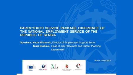 PARES:YOUTH SERVICE PACKAGE EXPERIENCE OF THE NATIONAL EMPLOYMENT SERVICE OF THE REPUBLIC OF SERBIA Speakers: Neda Milanovic, Director of Employment Support.