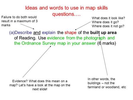 Ideas and words to use in map skills questions…. (a)Describe and explain the shape of the built up area of Reading. Use evidence from the photograph and.