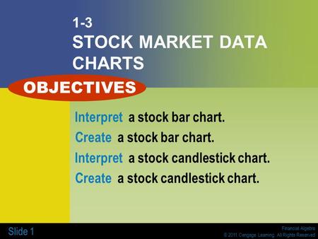 Financial Algebra © 2011 Cengage Learning. All Rights Reserved Slide 1 1-3 STOCK MARKET DATA CHARTS Interpret a stock bar chart. Create a stock bar chart.