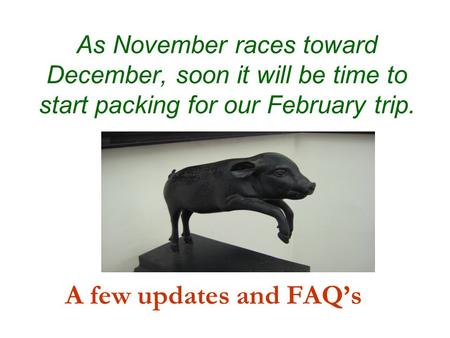 As November races toward December, soon it will be time to start packing for our February trip. A few updates and FAQ’s.