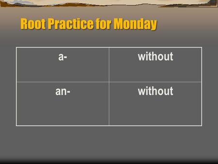 Root Practice for Monday a-without an-without. Make your prediction  In the chart you have drawn in your spiral, please use Your new understanding of.