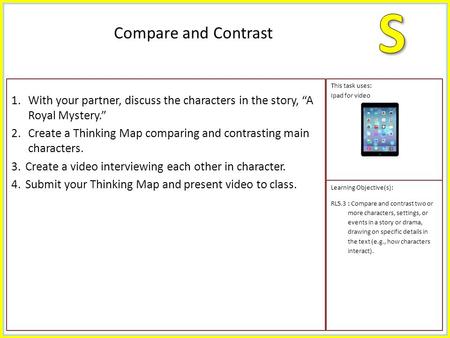 1.With your partner, discuss the characters in the story, “A Royal Mystery.” 2.Create a Thinking Map comparing and contrasting main characters. 3. Create.