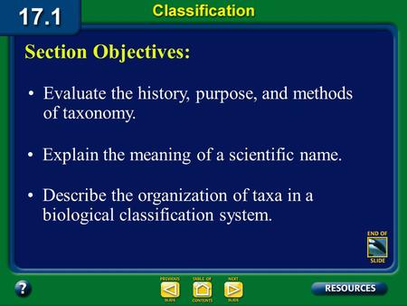 17.1 Section Objectives – page 443 Evaluate the history, purpose, and methods of taxonomy. Section Objectives: Explain the meaning of a scientific name.