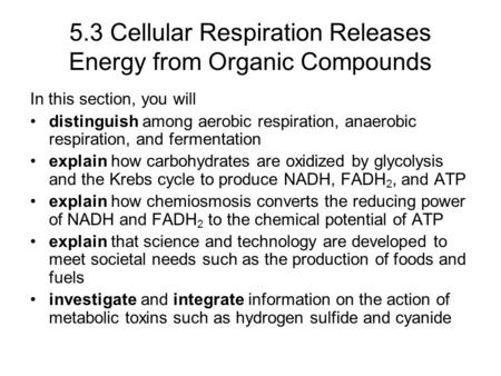 5.3 Cellular Respiration Releases Energy from Organic Compounds In this section, you will distinguish among aerobic respiration, anaerobic respiration,