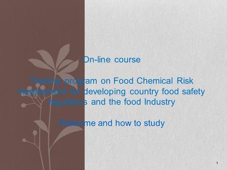 On-line course Training program on Food Chemical Risk Assessment for developing country food safety regulators and the food Industry Welcome and how to.