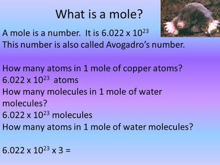 What is a mole? A mole is a number. It is 6.022 x 10 23 This number is also called Avogadro’s number. How many atoms in 1 mole of copper atoms? 6.022.