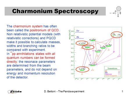 D. Bettoni - The Panda experiment 1 Charmonium Spectroscopy The charmonium system has often been called the positronium of QCD. Non relativistic potential.