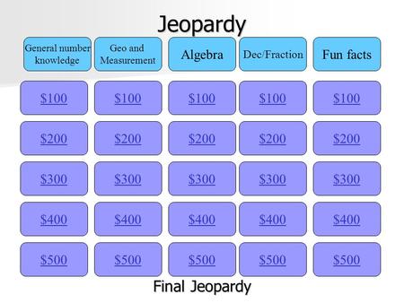 Jeopardy $100 General number knowledge Geo and Measurement Algebra Dec/Fraction Fun facts $200 $300 $400 $500 $400 $300 $200 $100 $500 $400 $300 $200 $100.