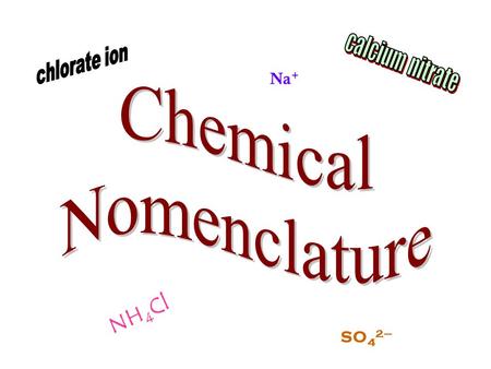 NH 4 Cl Na + SO 4 2–. Nomenclature Some things ya just gotta know –Ion nomenclature is one of those things Classifying your ions can help you learn them.