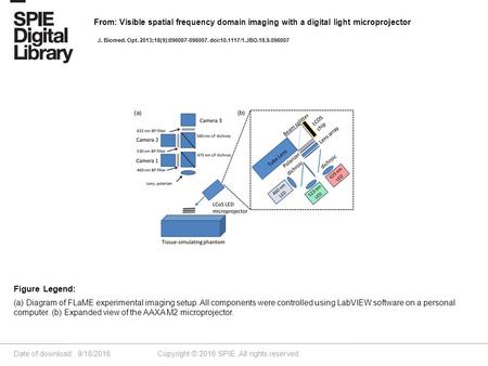 Date of download: 9/18/2016 Copyright © 2016 SPIE. All rights reserved. (a) Diagram of FLaME experimental imaging setup. All components were controlled.