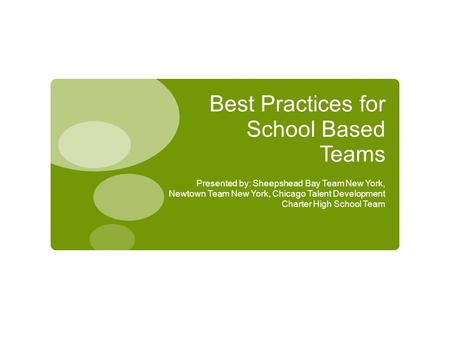 Best Practices for School Based Teams Presented by: Sheepshead Bay Team New York, Newtown Team New York, Chicago Talent Development Charter High School.