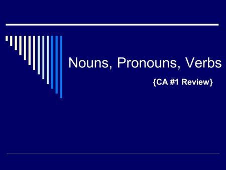 Nouns, Pronouns, Verbs {CA #1 Review}. Noun review  What is a noun? a person, place, thing, or idea  What isn’t a noun? pronouns – I, he, they, anyone.