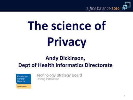 The science of Privacy Andy Dickinson, Dept of Health Informatics Directorate 1.