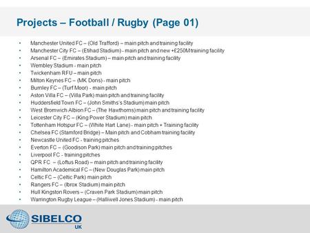 Projects – Football / Rugby (Page 01) Manchester United FC – (Old Trafford) – main pitch and training facility Manchester City FC – (Etihad Stadium) -