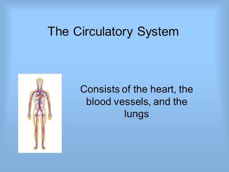 The Circulatory System Consists of the heart, the blood vessels, and the lungs.