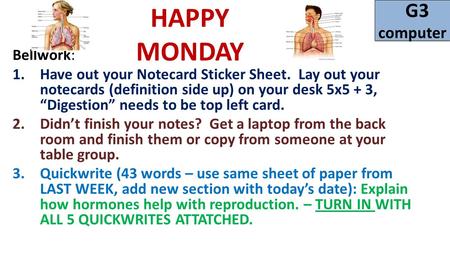 Bellwork: 1.Have out your Notecard Sticker Sheet. Lay out your notecards (definition side up) on your desk 5x5 + 3, “Digestion” needs to be top left card.