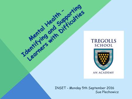 INSET - Monday 5th September 2016 Sue Plechowicz Mental Health – Identifying and Supporting Learners with Difficulties.