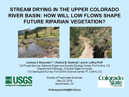 STREAM DRYING IN THE UPPER COLORADO RIVER BASIN: HOW WILL LOW FLOWS SHAPE FUTURE RIPARIAN VEGETATION? Lindsay V. Reynolds 1,2,3, Patrick B. Shafroth 3,